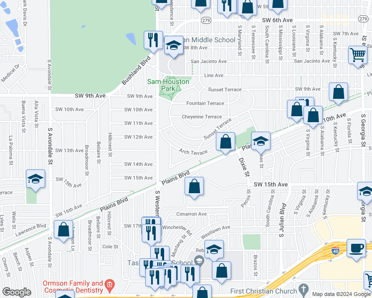 map of restaurants, bars, coffee shops, grocery stores, and more near 207 Arch Terrace in Amarillo