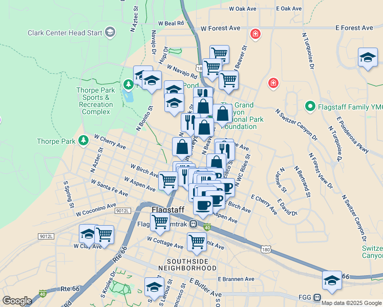 map of restaurants, bars, coffee shops, grocery stores, and more near 150 West Dale Avenue in Flagstaff