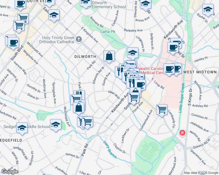 map of restaurants, bars, coffee shops, grocery stores, and more near 1935 Ewing Avenue in Charlotte