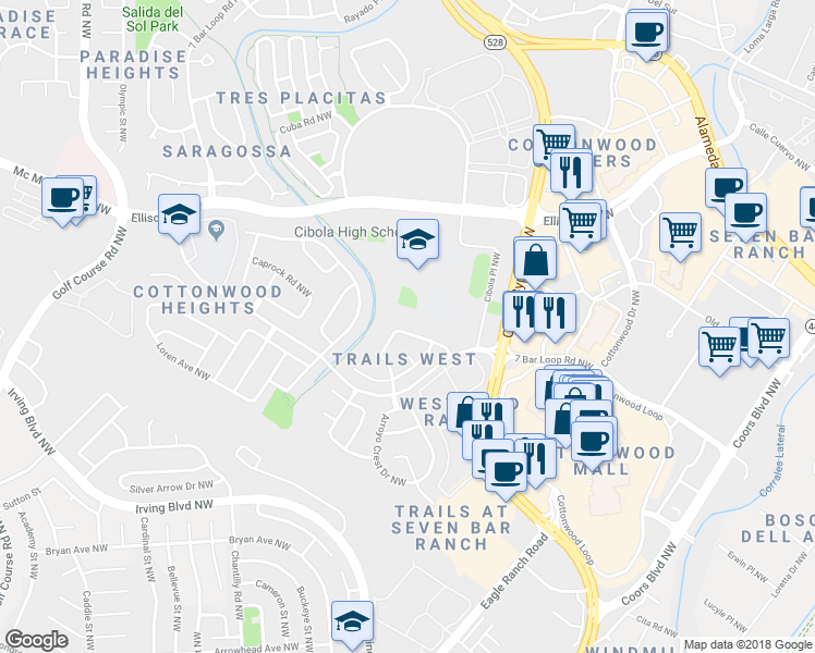 map of restaurants, bars, coffee shops, grocery stores, and more near 3915 Suntrail Road Northwest in Albuquerque