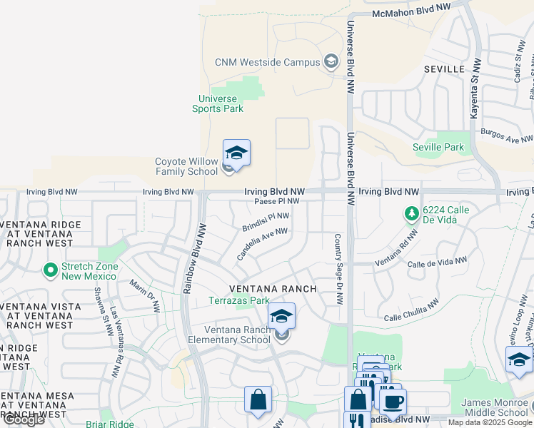 map of restaurants, bars, coffee shops, grocery stores, and more near 6901 Brindisi Place in Albuquerque