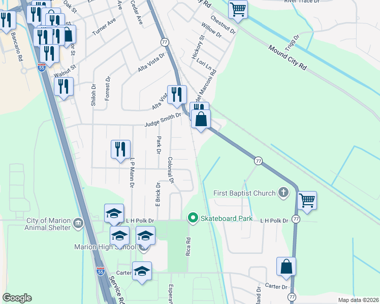 map of restaurants, bars, coffee shops, grocery stores, and more near 44 Ridgeway Cove in Marion