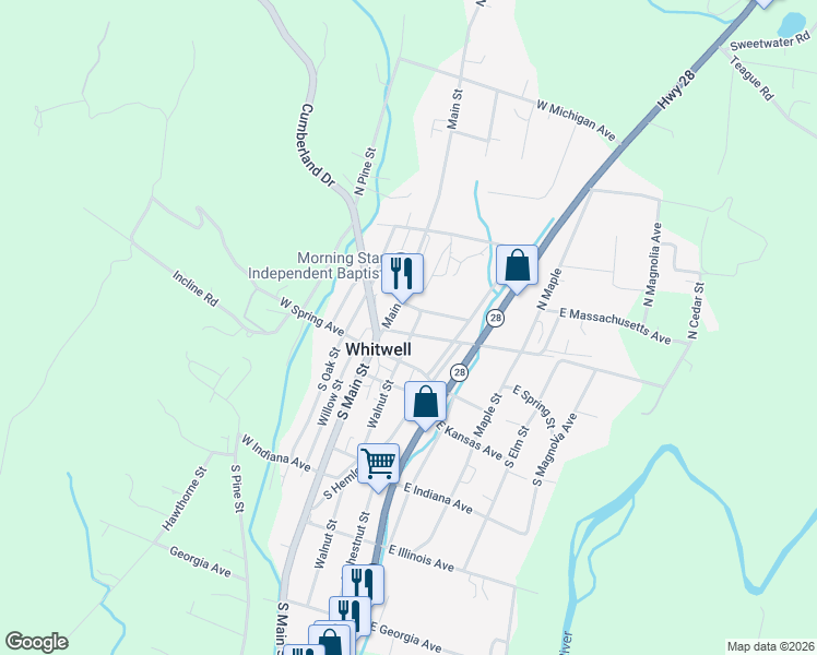map of restaurants, bars, coffee shops, grocery stores, and more near 149 E Maryland Ave in Whitwell