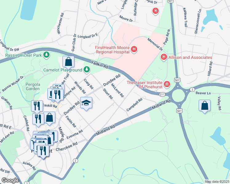 map of restaurants, bars, coffee shops, grocery stores, and more near 45 McLeod Road in Pinehurst