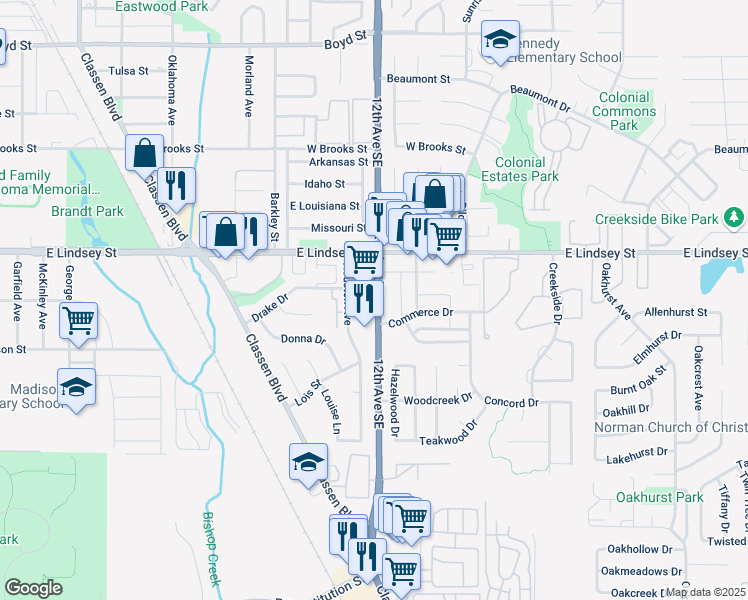 map of restaurants, bars, coffee shops, grocery stores, and more near 1400 12th Avenue Southeast in Norman