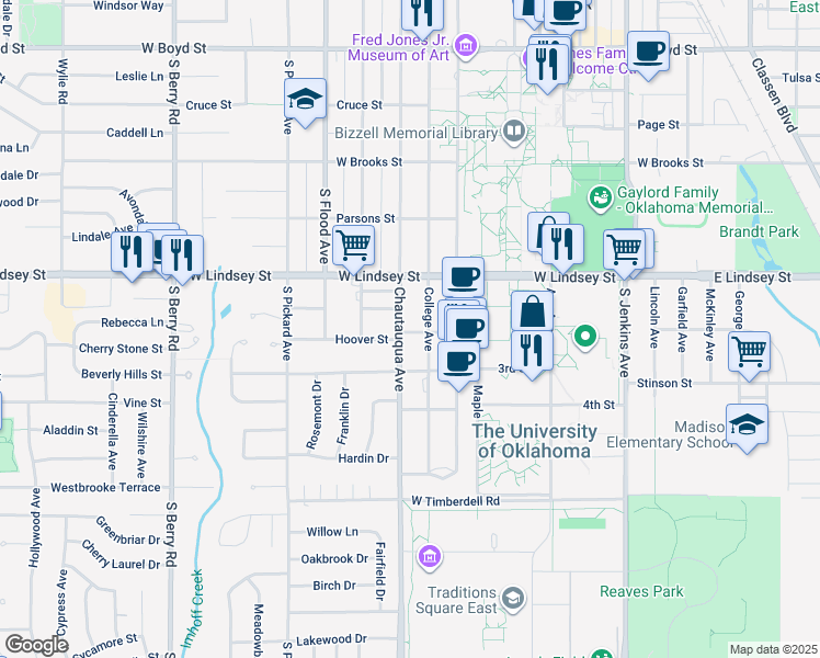 map of restaurants, bars, coffee shops, grocery stores, and more near 1124 Chautauqua Avenue in Norman