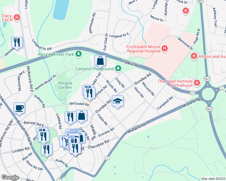 map of restaurants, bars, coffee shops, grocery stores, and more near 25 Woods Road in Pinehurst
