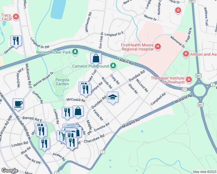 map of restaurants, bars, coffee shops, grocery stores, and more near 25 Woods Road in Pinehurst