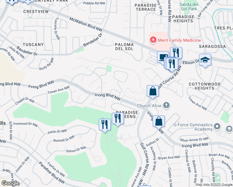 map of restaurants, bars, coffee shops, grocery stores, and more near 10222 Prescott Court Northwest in Albuquerque