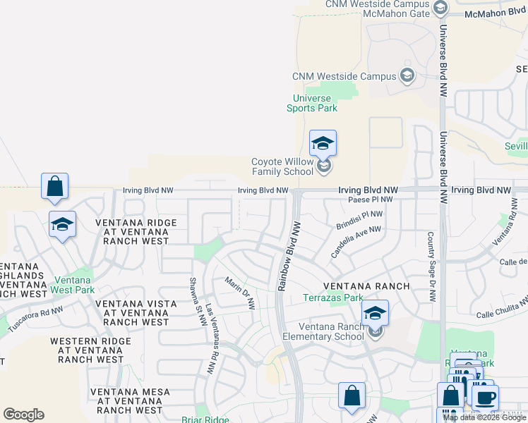 map of restaurants, bars, coffee shops, grocery stores, and more near 7401 Kingfisher Court Northwest in Albuquerque