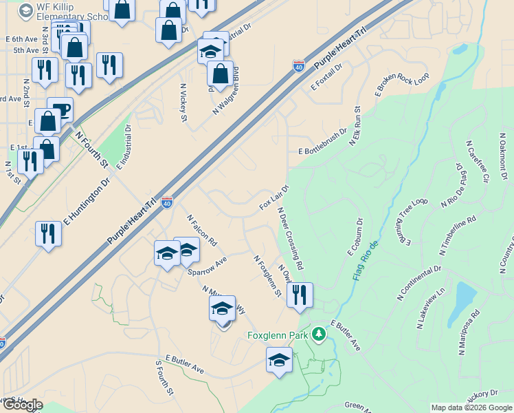 map of restaurants, bars, coffee shops, grocery stores, and more near 3626 Fox Lair Drive in Flagstaff