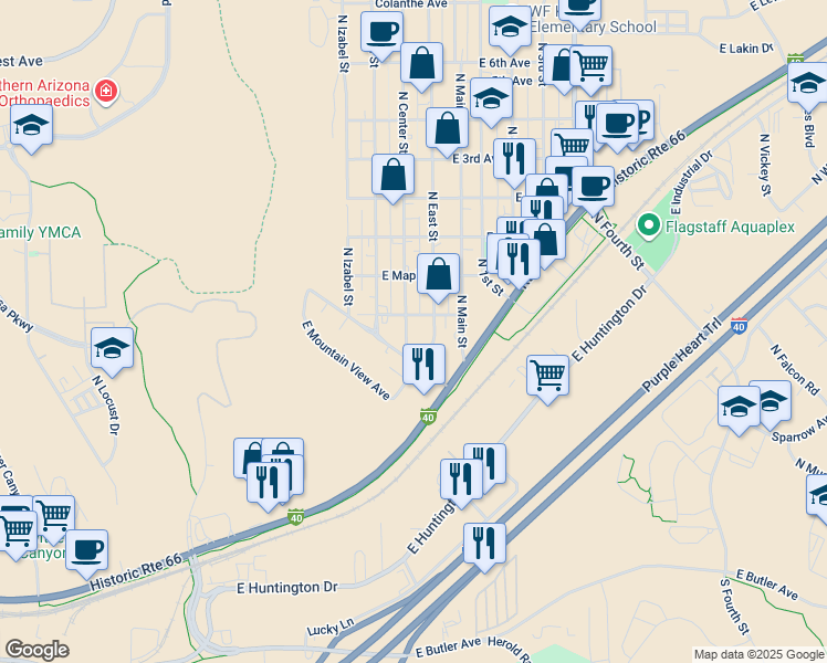 map of restaurants, bars, coffee shops, grocery stores, and more near 1518 North Center Street in Flagstaff
