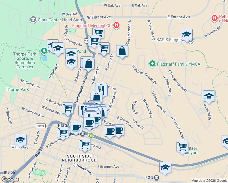 map of restaurants, bars, coffee shops, grocery stores, and more near 507 North Agassiz Street in Flagstaff