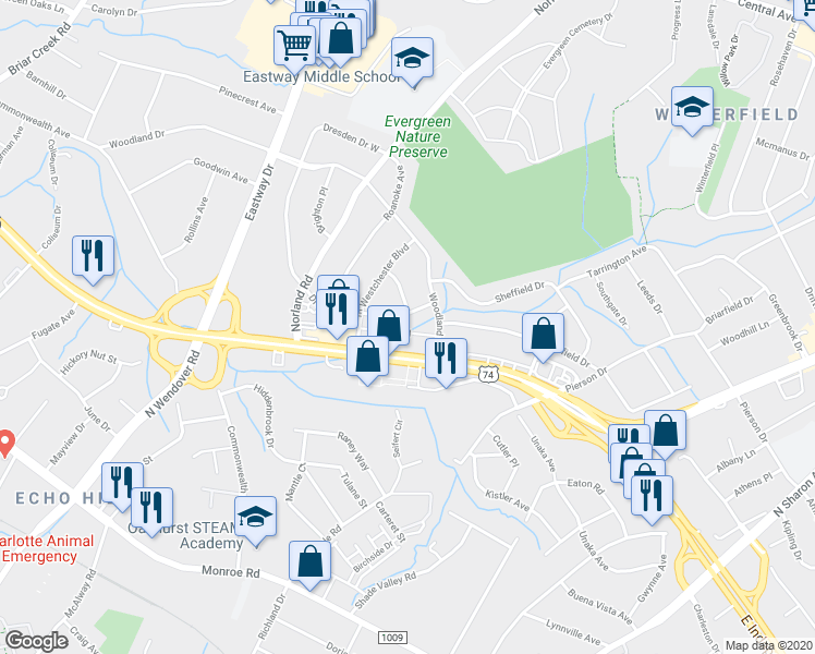 map of restaurants, bars, coffee shops, grocery stores, and more near 3748 Dresden Drive East in Charlotte