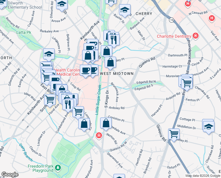 map of restaurants, bars, coffee shops, grocery stores, and more near 1822 Brunswick Avenue in Charlotte