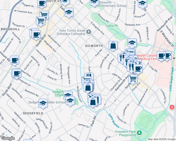 map of restaurants, bars, coffee shops, grocery stores, and more near 2117 Kirkwood Avenue in Charlotte