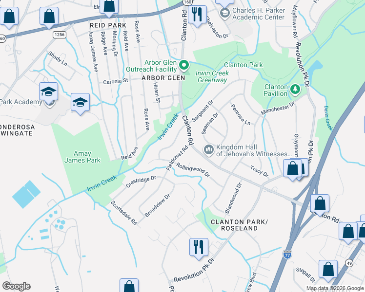 map of restaurants, bars, coffee shops, grocery stores, and more near 3716 Fieldcrest Road in Charlotte