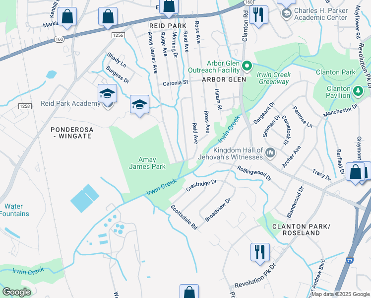 map of restaurants, bars, coffee shops, grocery stores, and more near 3424 Reid Avenue in Charlotte
