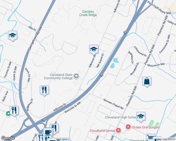 map of restaurants, bars, coffee shops, grocery stores, and more near 3456 Adkisson Drive in Cleveland