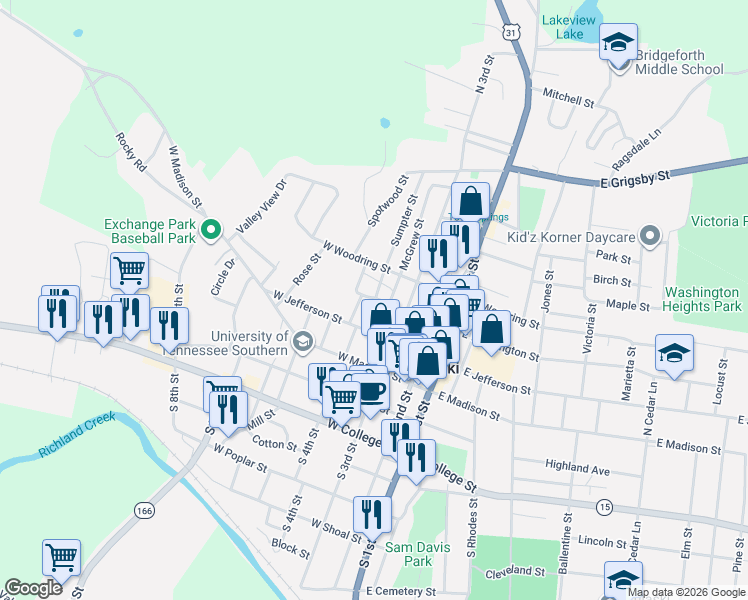 map of restaurants, bars, coffee shops, grocery stores, and more near 321 West Washington Street in Pulaski