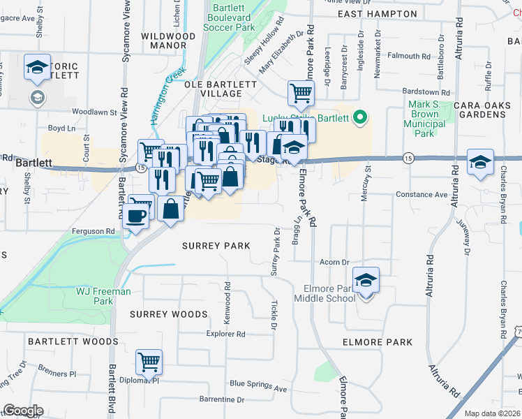 map of restaurants, bars, coffee shops, grocery stores, and more near 2786 Stage Center Drive in Bartlett