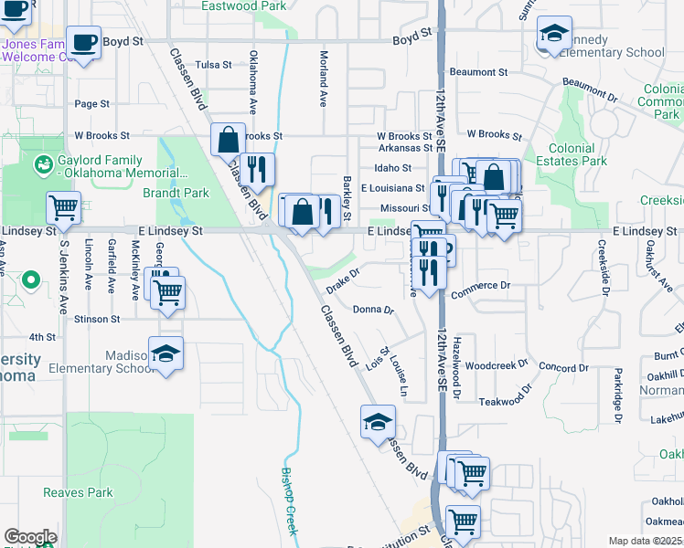 map of restaurants, bars, coffee shops, grocery stores, and more near 900 Deonne Circle in Norman