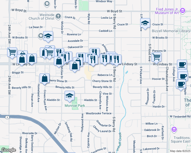 map of restaurants, bars, coffee shops, grocery stores, and more near 1420 Rebecca Lane in Norman