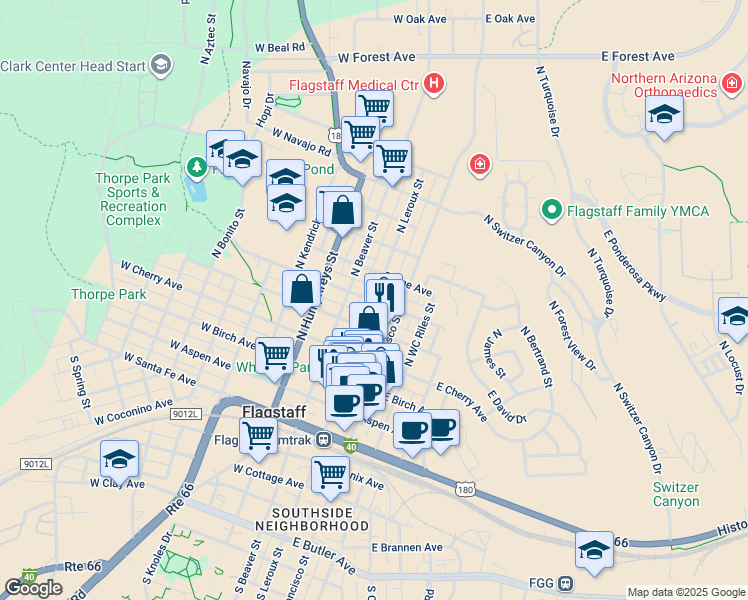 map of restaurants, bars, coffee shops, grocery stores, and more near North Leroux Street in Flagstaff
