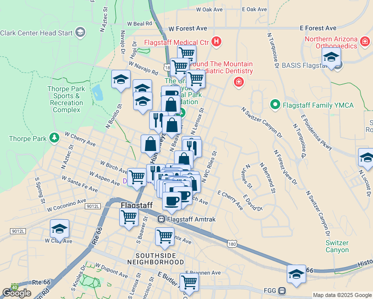 map of restaurants, bars, coffee shops, grocery stores, and more near North Leroux Street in Flagstaff