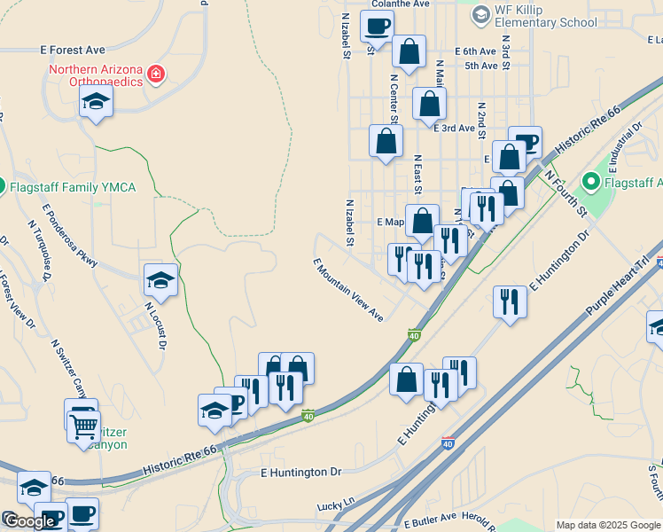 map of restaurants, bars, coffee shops, grocery stores, and more near 1662 East Mountain View Avenue in Flagstaff