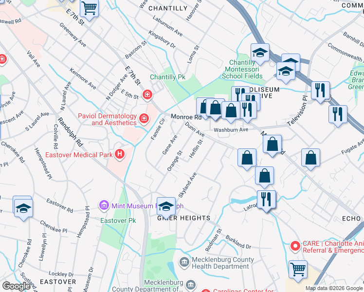 map of restaurants, bars, coffee shops, grocery stores, and more near 317 Orange Street in Charlotte