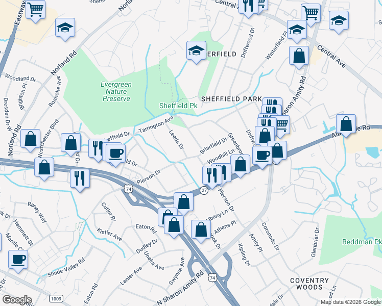 map of restaurants, bars, coffee shops, grocery stores, and more near 1211 Pierson Drive in Charlotte
