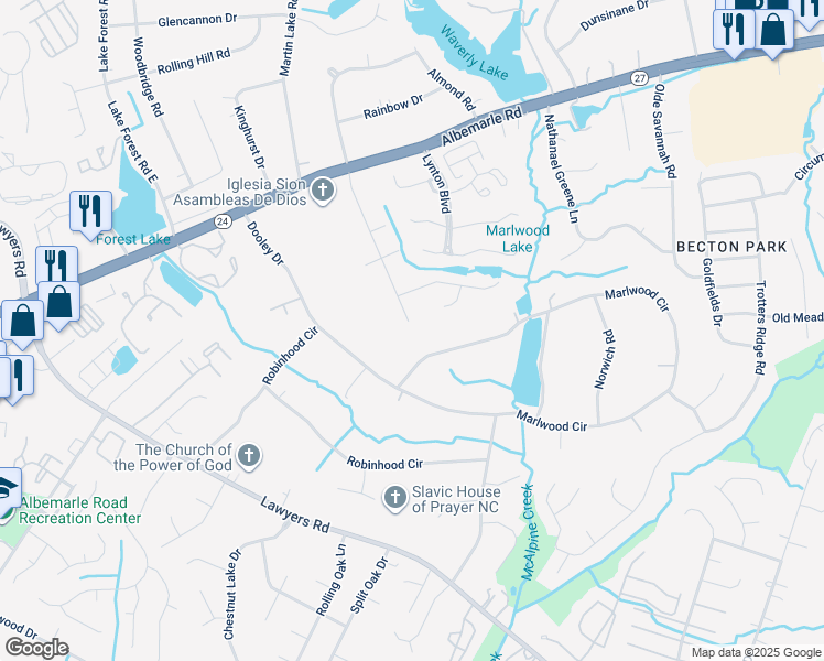 map of restaurants, bars, coffee shops, grocery stores, and more near 5401 Mallard Drive South in Charlotte