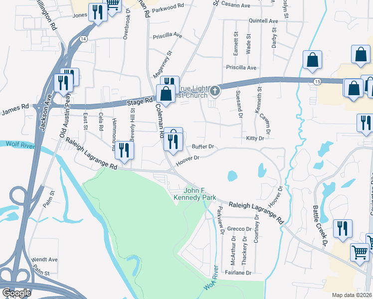 map of restaurants, bars, coffee shops, grocery stores, and more near 2811 Toehill Cove in Memphis
