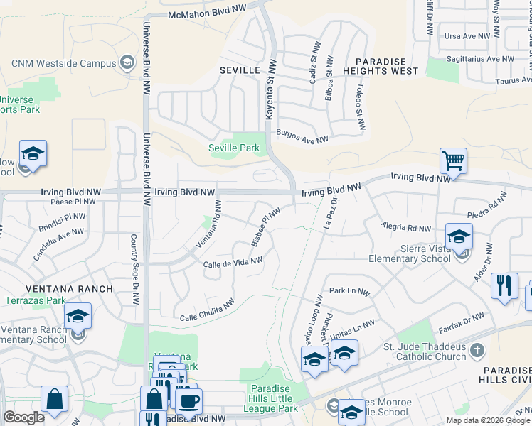 map of restaurants, bars, coffee shops, grocery stores, and more near 6209 Bisbee Place Northwest in Albuquerque