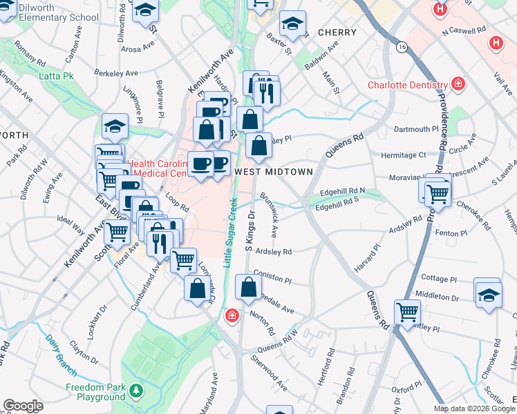 map of restaurants, bars, coffee shops, grocery stores, and more near 1822 Brunswick Avenue in Charlotte