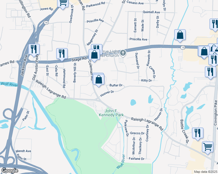 map of restaurants, bars, coffee shops, grocery stores, and more near 2817 Toehill Cove in Memphis