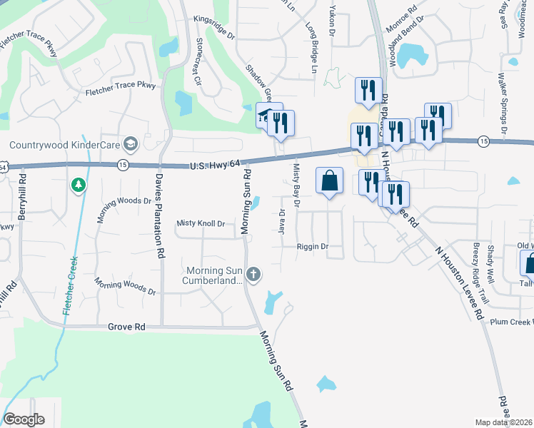 map of restaurants, bars, coffee shops, grocery stores, and more near 2812 Morning Sun Road in Memphis