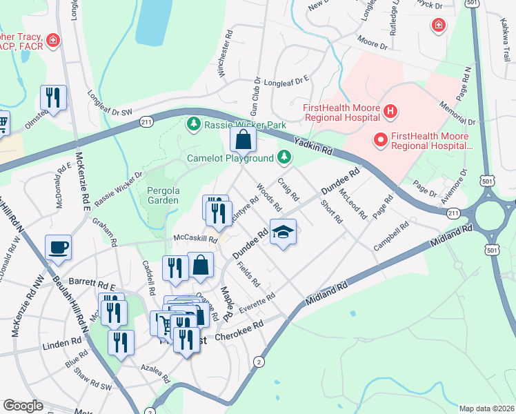 map of restaurants, bars, coffee shops, grocery stores, and more near 2465 Dundee Road in Pinehurst