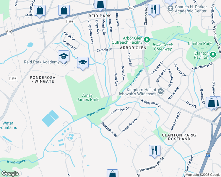 map of restaurants, bars, coffee shops, grocery stores, and more near 3329 Morning Drive in Charlotte