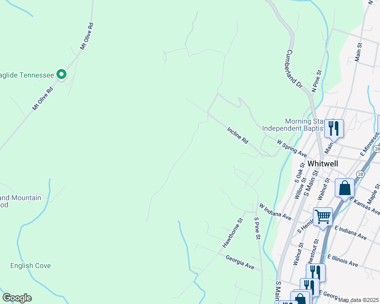 map of restaurants, bars, coffee shops, grocery stores, and more near 329 Mountain View Drive in Whitwell
