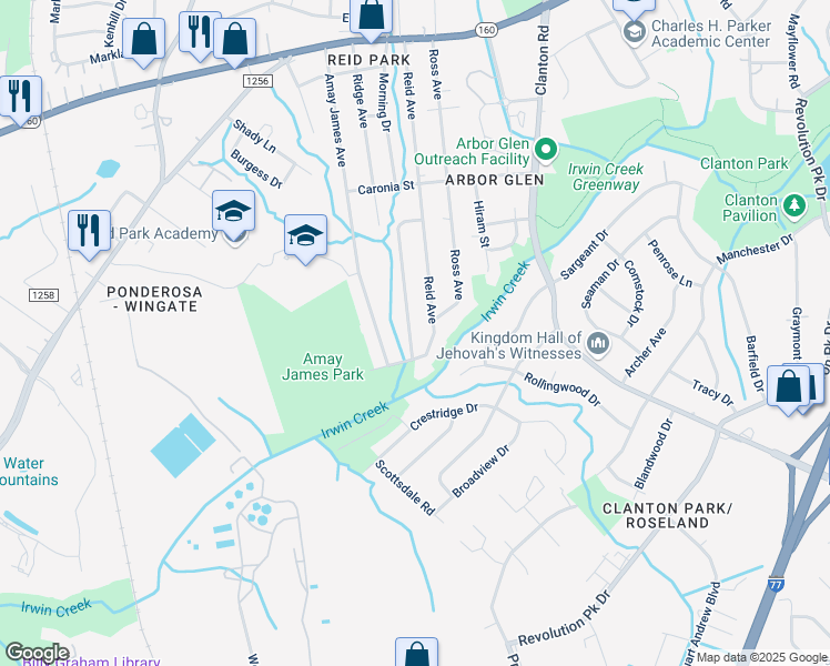map of restaurants, bars, coffee shops, grocery stores, and more near 3329 Morning Drive in Charlotte