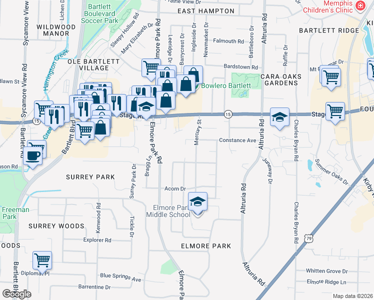 map of restaurants, bars, coffee shops, grocery stores, and more near 2812 Galaxie Street in Memphis