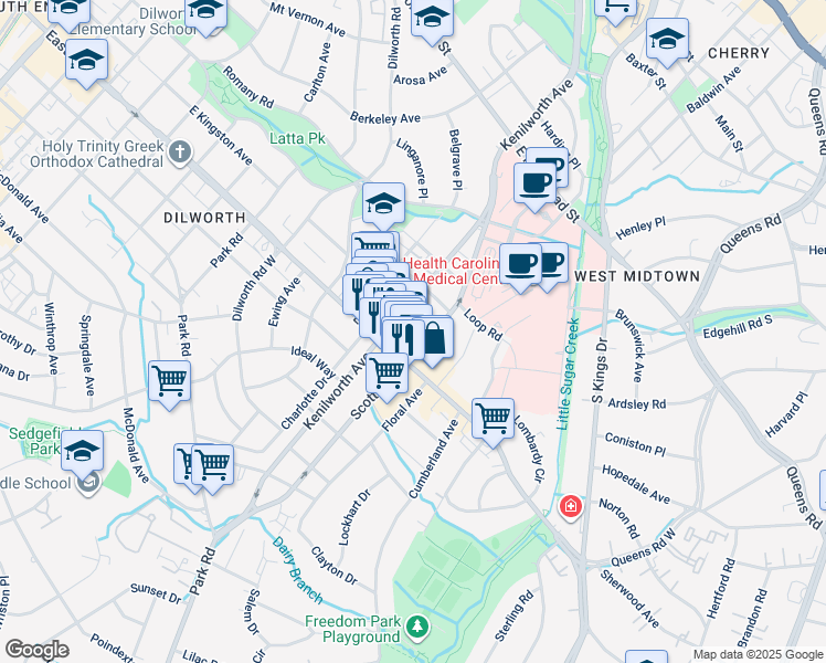 map of restaurants, bars, coffee shops, grocery stores, and more near 1320 Fillmore Avenue in Charlotte