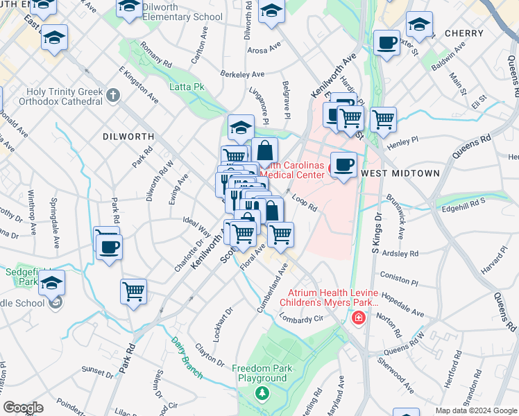 map of restaurants, bars, coffee shops, grocery stores, and more near in Charlotte