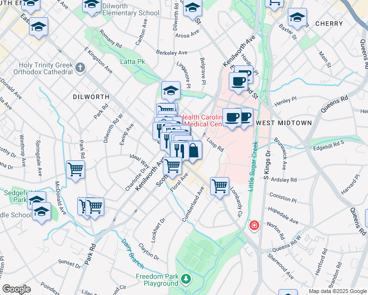 map of restaurants, bars, coffee shops, grocery stores, and more near 1315 East Boulevard in Charlotte