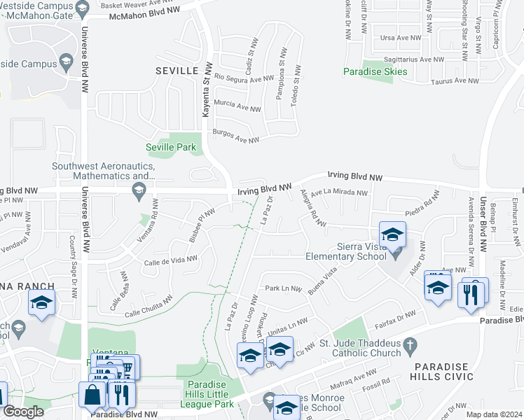 map of restaurants, bars, coffee shops, grocery stores, and more near 10417 La Paz Drive in Albuquerque