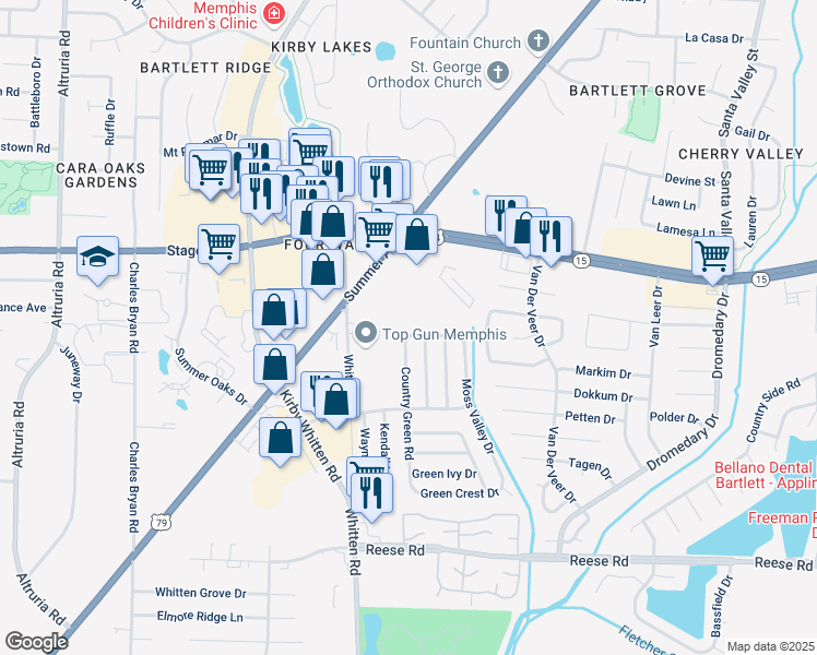 map of restaurants, bars, coffee shops, grocery stores, and more near 2790 Whitten Road in Memphis