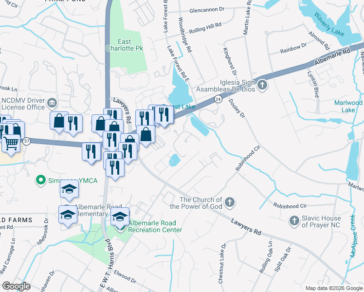 map of restaurants, bars, coffee shops, grocery stores, and more near 7148 Winery Lane in Charlotte