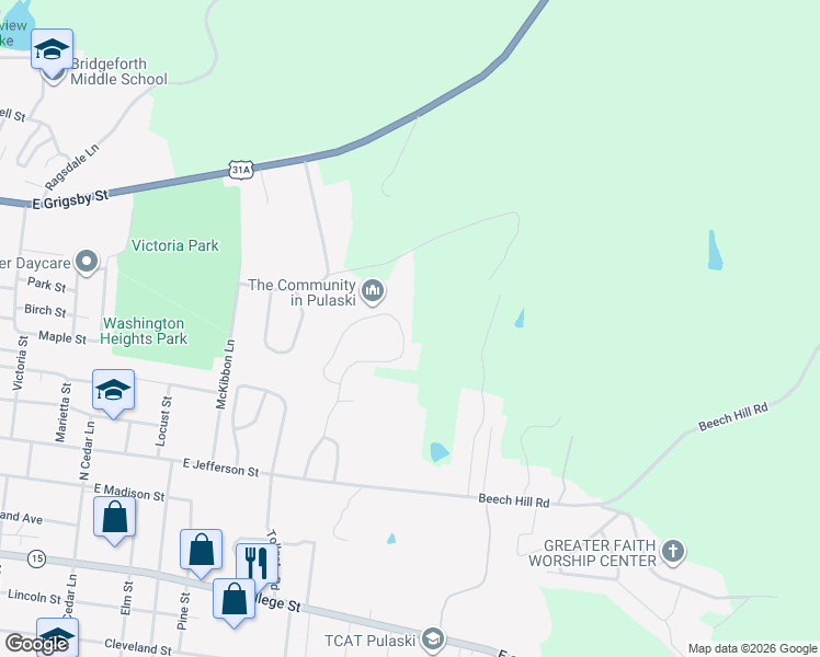 map of restaurants, bars, coffee shops, grocery stores, and more near 365 Glendale Drive in Pulaski